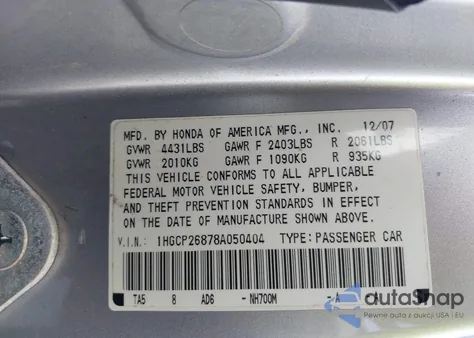 2008 Honda Accord 2.4 Ex-L from USA, damaged, VIN 1HGCP26878A050404